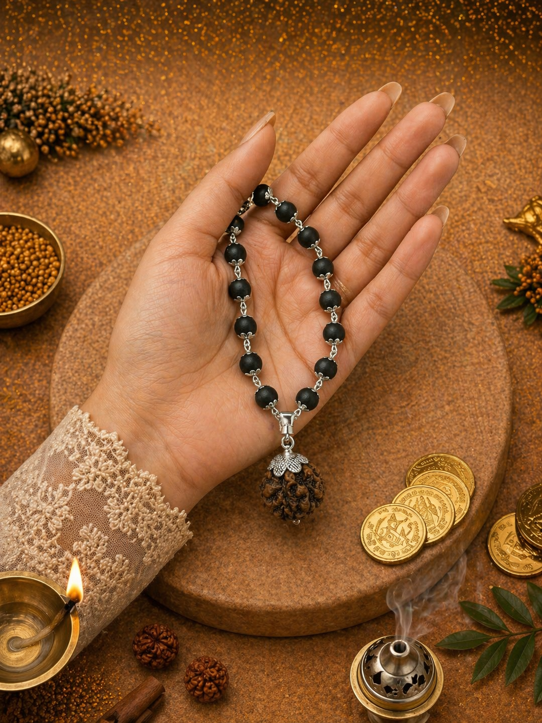 Silver Plated Karungali Rudraksha Mala