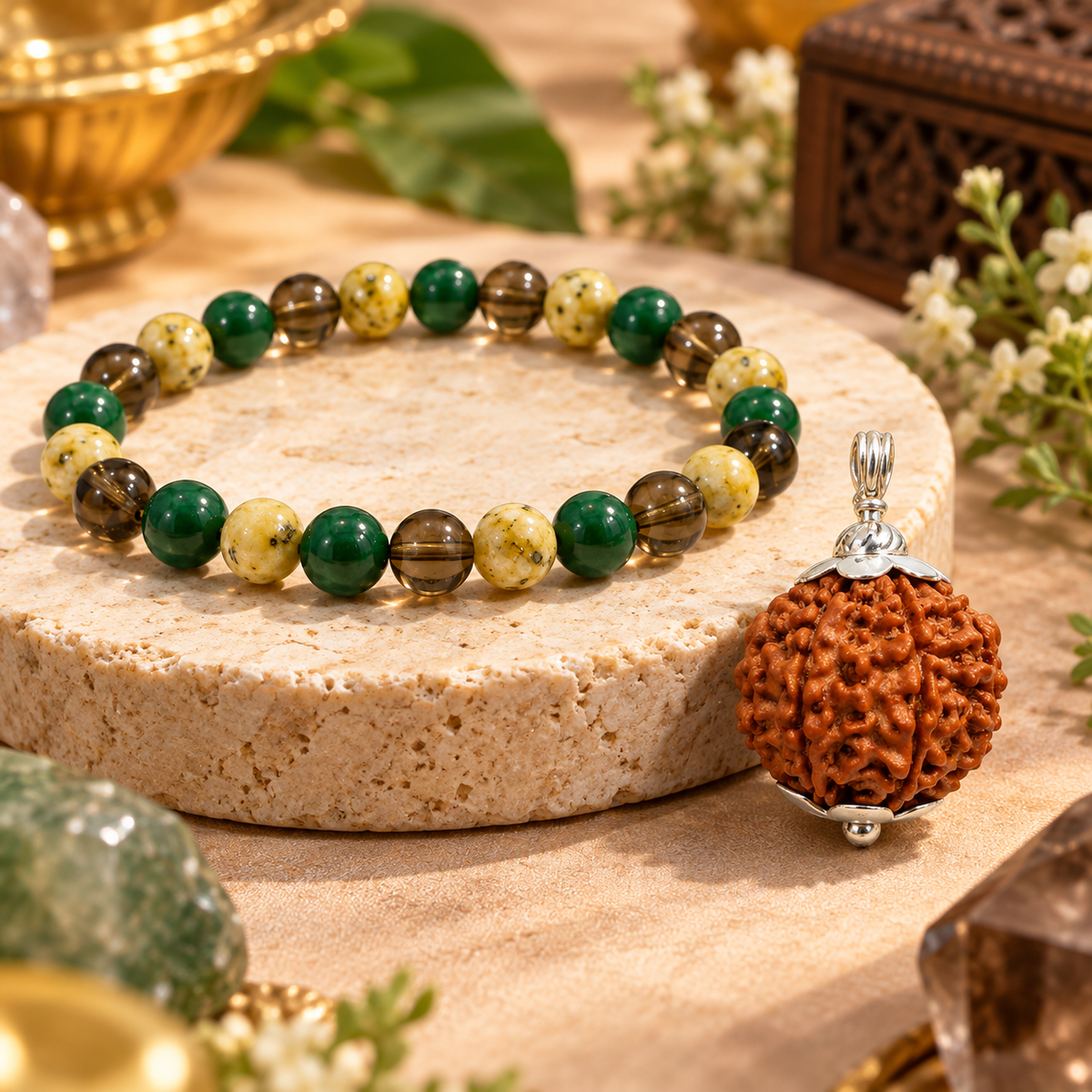 8 Mukhi Rudraksha + Mulank 4 Crystal Bracelet Combo – Stability, Focus, Protection & Smart Growth