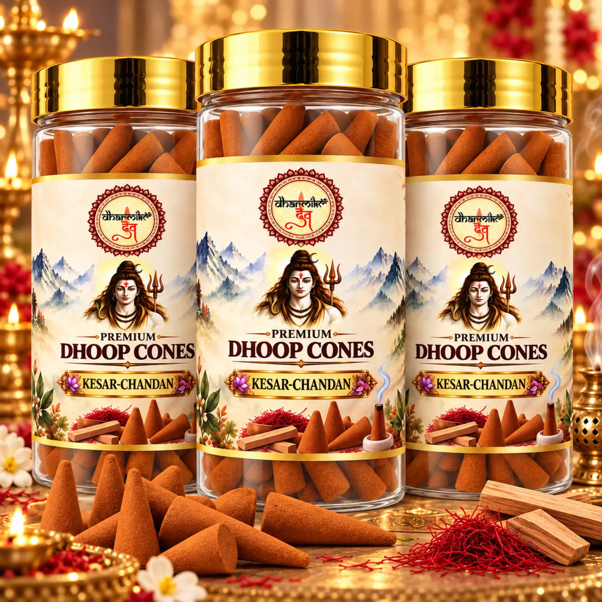 Kesar Chandan Dhoop Cones – Pack of 3 (125g Each) | Premium Sandalwood Fragrance for Puja & Meditation