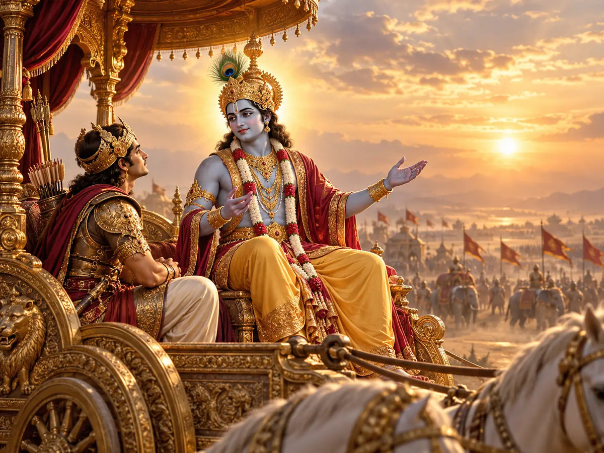 Lord Krishna guiding Arjuna on the Kurukshetra battlefield