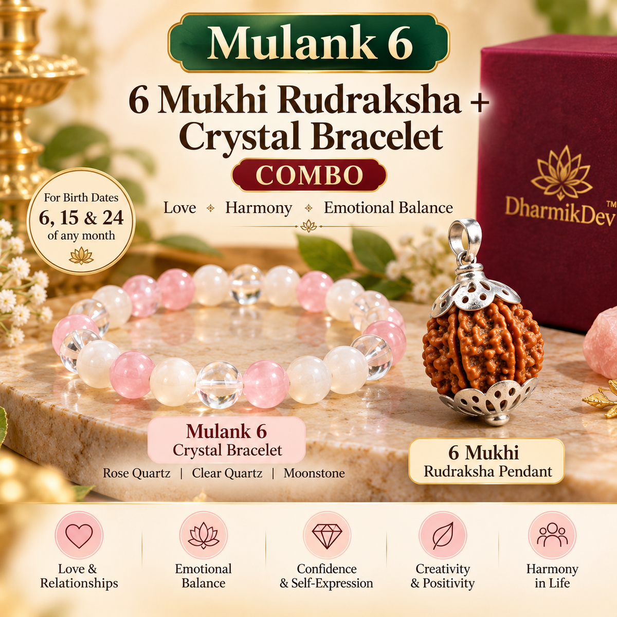 6 Mukhi Rudraksha + Mulank 6 Crystal Bracelet Combo – Love, Harmony & Emotional Balance