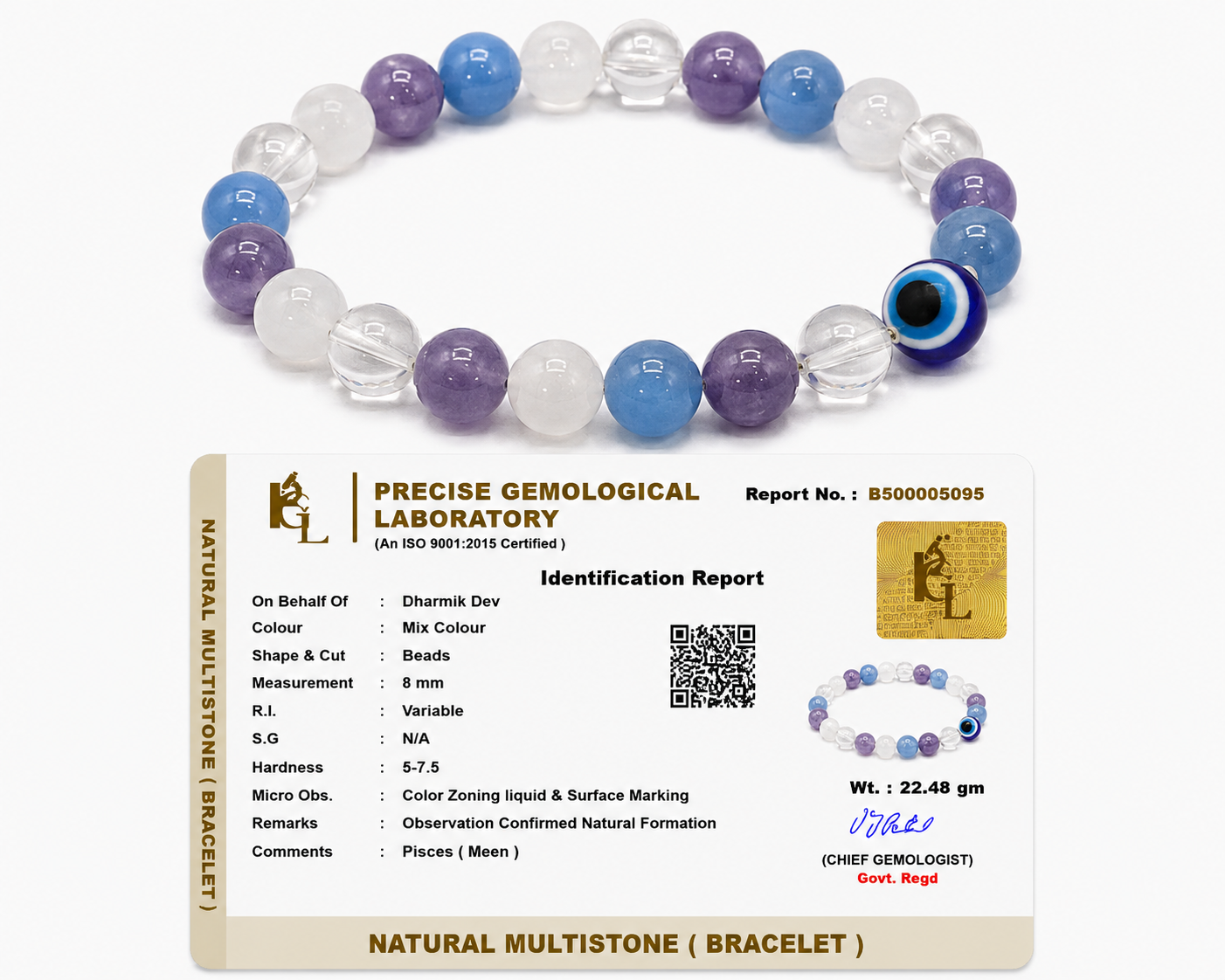 Multicolored beaded bracelet with an identification report from Precise Gemological Laboratory on a white background.