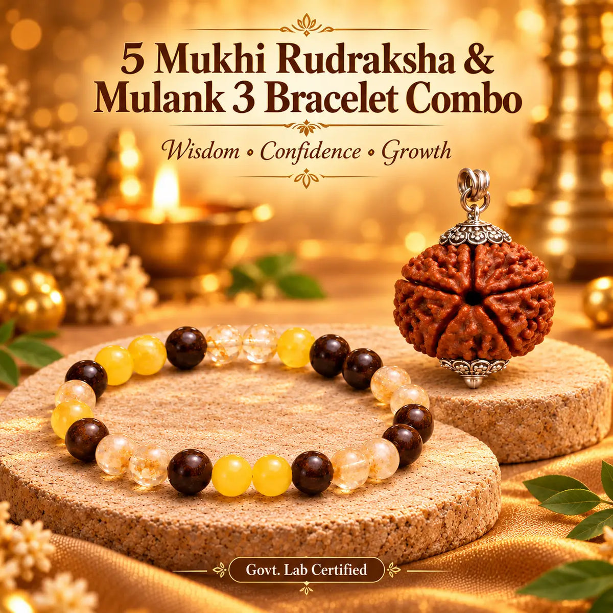 5 Mukhi Rudraksha & Mulank 3 Crystal Bracelet Combo – Govt. Lab Certified
