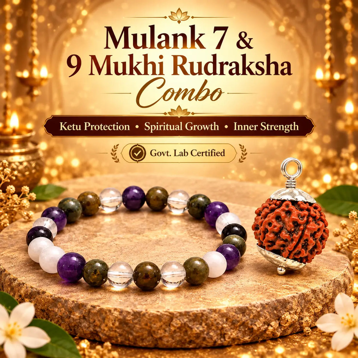 Mulank 7 Crystal Bracelet & 9 Mukhi Rudraksha Combo – (Govt Lab Certified)