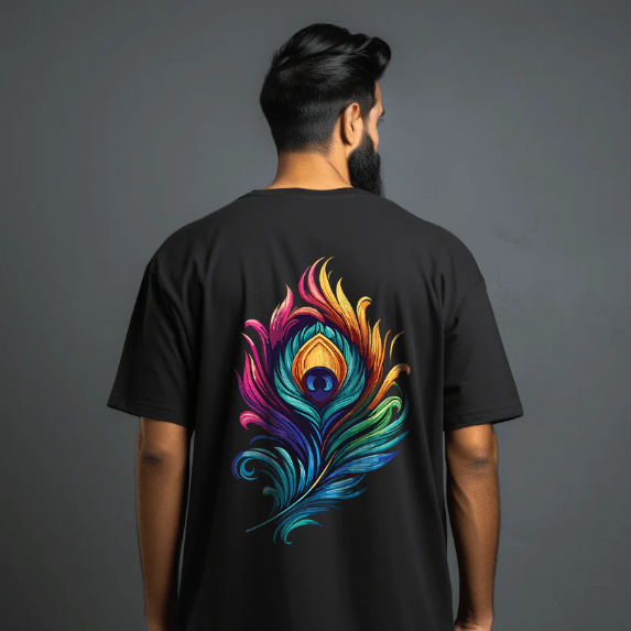 Lord Krishna Morpankh Oversize Printed Black Tshirt