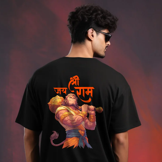 Jai Shri Ram Hanuman Ji Black Oversize Printed Tshirt for Men