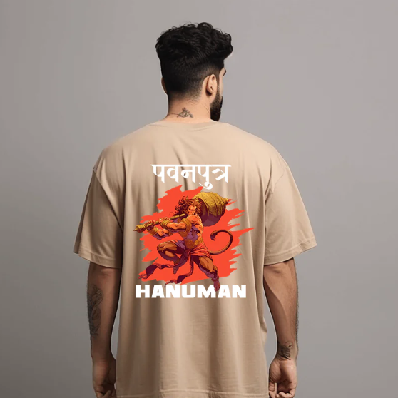 Pawanputra Hanuman Ji Beige Oversize Printed Tshirt for Men