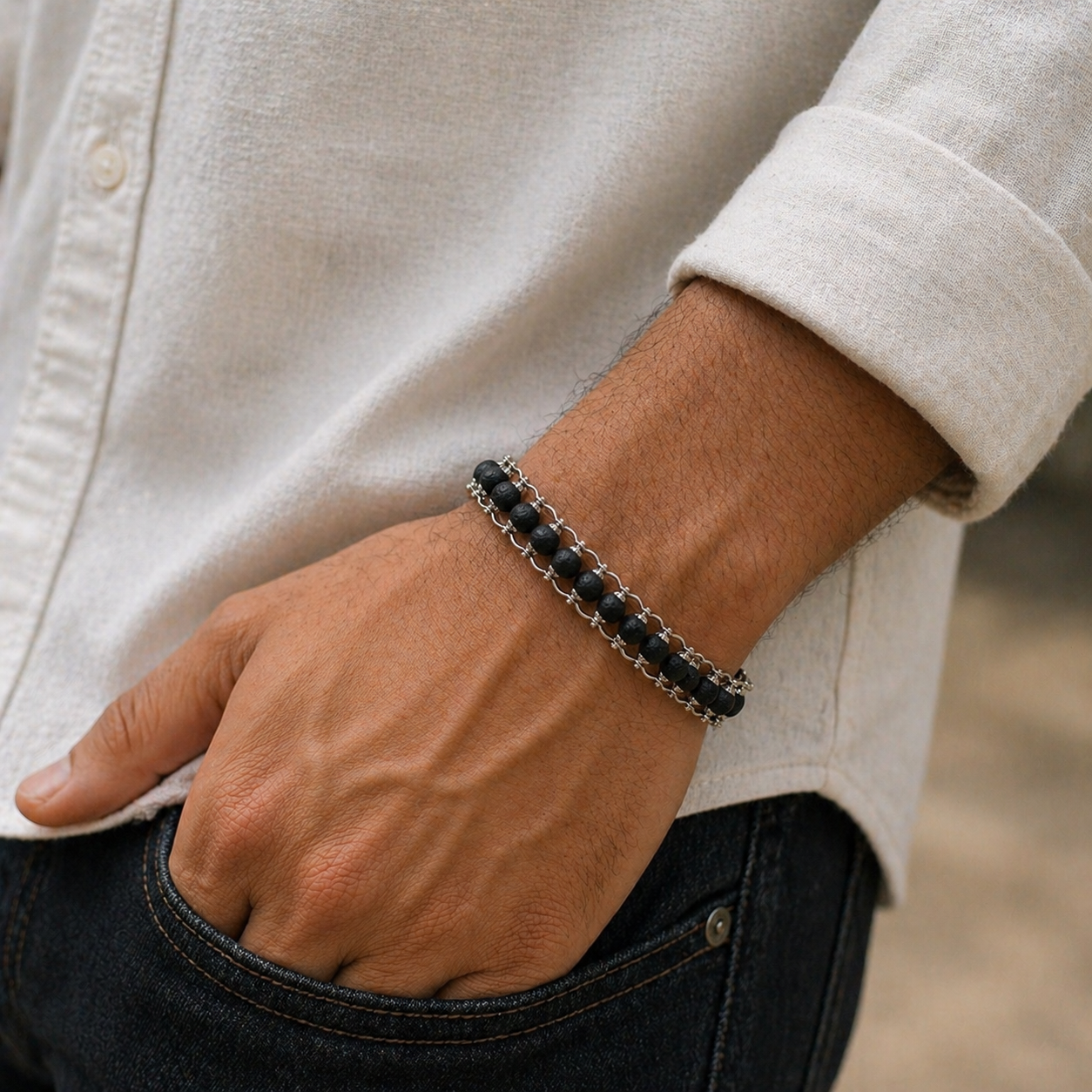 Silver Plated Karungali Modern Bracelet (Natural Ebony Wood)
