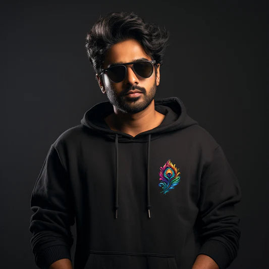 Lord Krishna Morpankh Printed Black Hoodie for Men