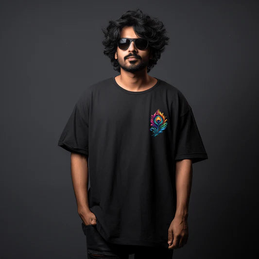 Lord Krishna Morpankh Oversize Printed Black Tshirt