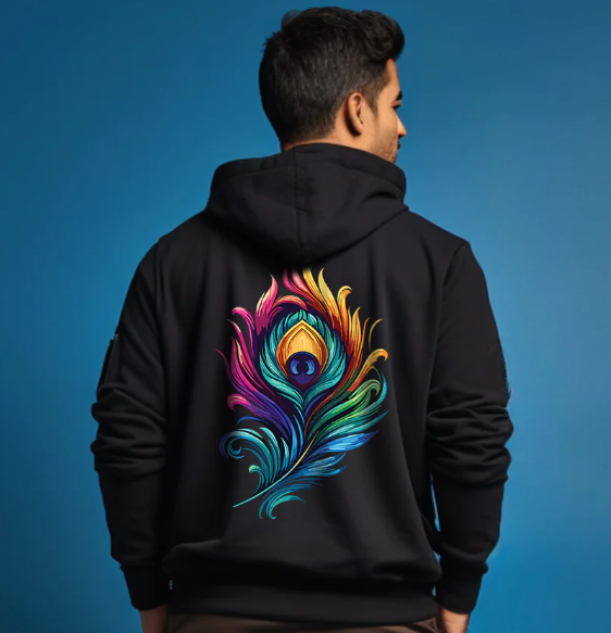 Lord Krishna Morpankh Printed Black Hoodie for Men