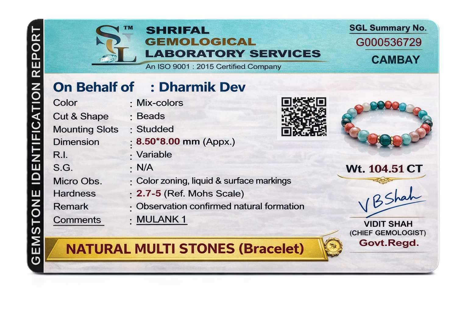 Mulank 1 Crystal Bracelet (Govt Lab Certified)